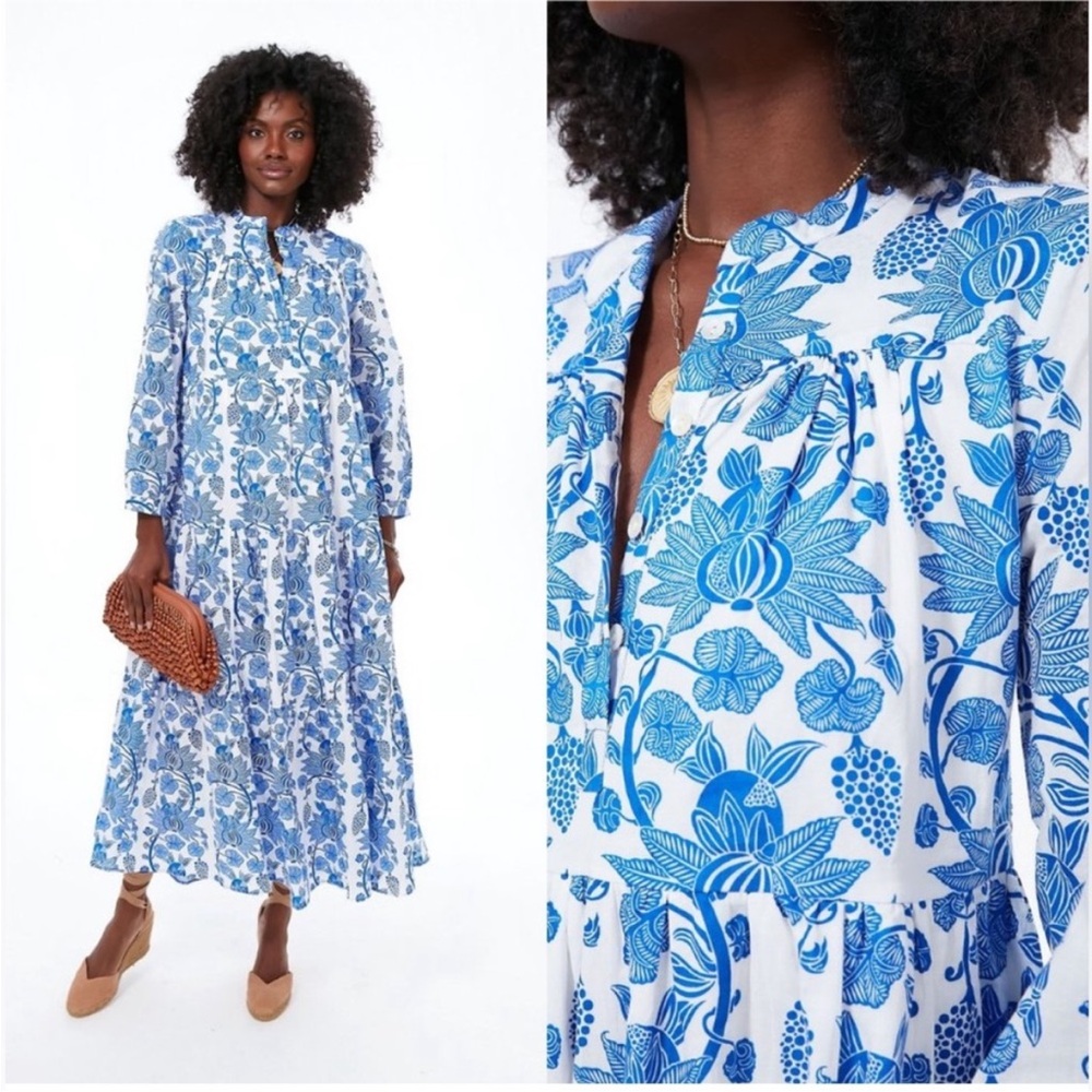 Tuckernuck Ro's Garden Bluefanny Rio Maxi Midi Dress Long Sleeve Boho blue white - Picture 1 of 16